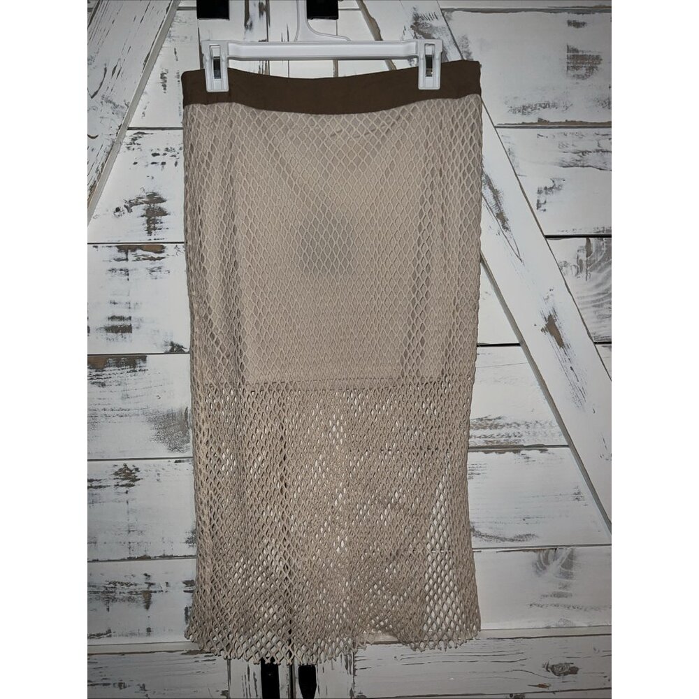 Le Lis Fishnet Rope skirt Beige Tan Midi A Line Skirt Semi Sheer Fitted NWT